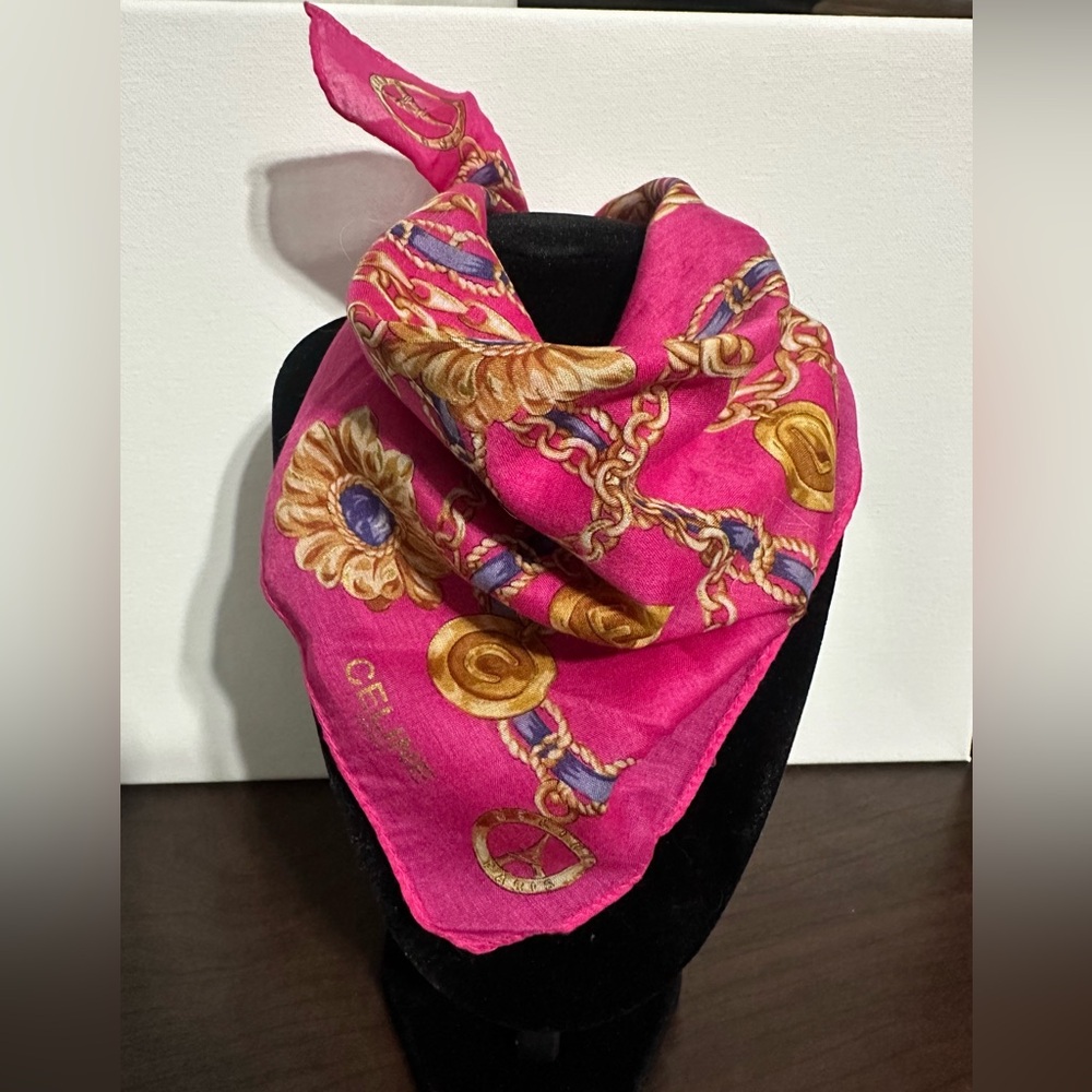 CELINE Paris Vintage Silk Cotton Scarf Handkerchief Pink Blue Gold Chain Link